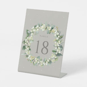 Greige Snowberry+Eucalyptus Wedding Table Number Pedestal Sign