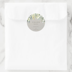 Greige Snowberry+Eucalyptus Wedding Thank You Classic Round Sticker