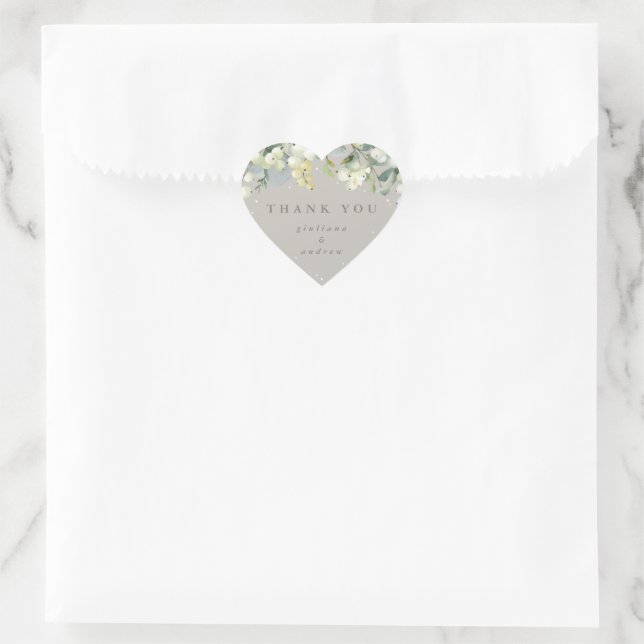 Greige Snowberry+Eucalyptus Wedding Thank You Heart Sticker (Bag)
