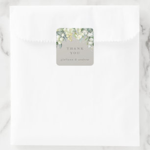 Greige Snowberry+Eucalyptus Wedding Thank You Square Sticker