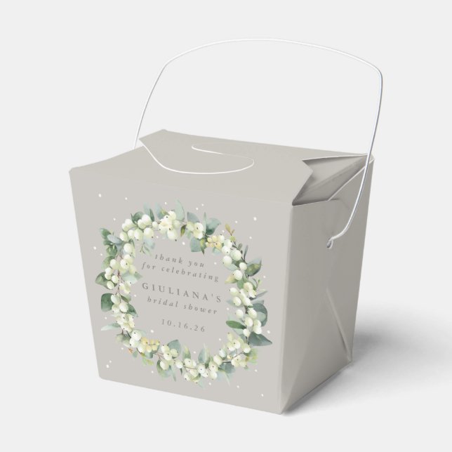 Greige Snowberry+Eucalyptus Winter Bridal Shower Favor Box (Front Side)