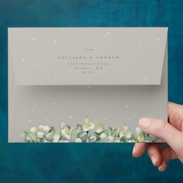 Greige Snowberry+Eucalyptus Winter Wedding A7 Envelope (Hand)