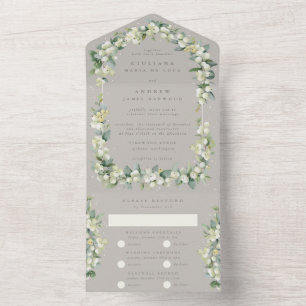 Greige Snowberry+Eucalyptus Winter Wedding All In One Invitation