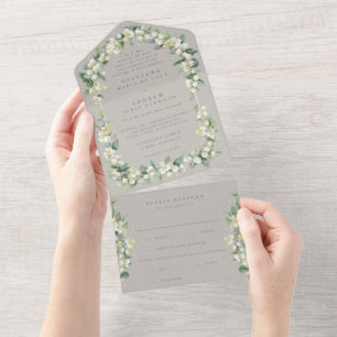 Greige Snowberry+Eucalyptus Winter Wedding All In One Invitation