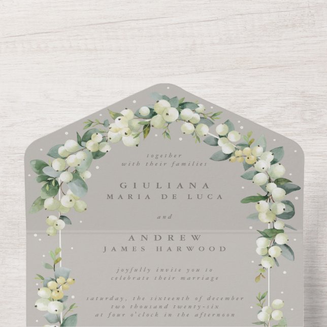Greige Snowberry+Eucalyptus Winter Wedding All In One Invitation (Inside Top)