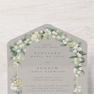 Greige Snowberry+Eucalyptus Winter Wedding All In One Invitation