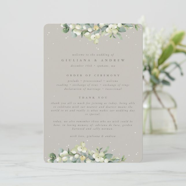 Greige Snowberry+Eucalyptus Winter Wedding Program (Standing Front)