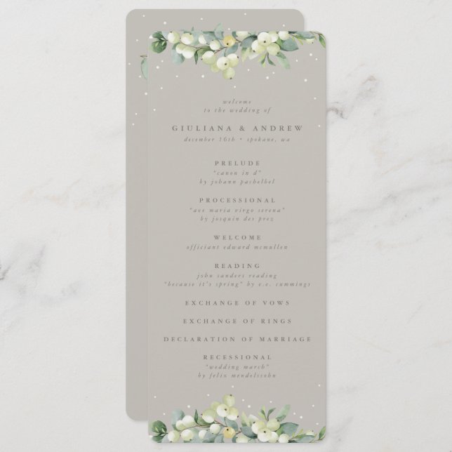 Greige Snowberry+Eucalyptus Winter Wedding Program (Front/Back)
