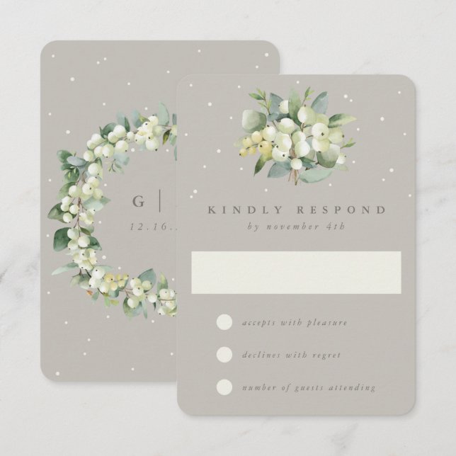 Greige Snowberry+Eucalyptus Winter Wedding RSVP Card (Front/Back)