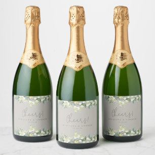 Greige Snowberry+Eucalyptus Winter Wedding Sparkling Wine Label