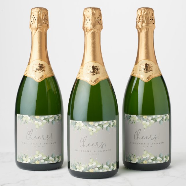 Greige Snowberry+Eucalyptus Winter Wedding Sparkling Wine Label (Bottles)