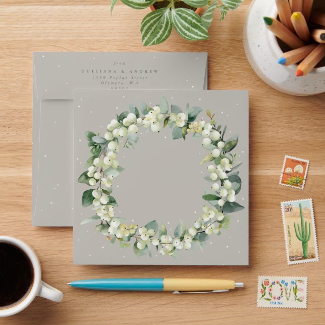 Greige Snowberry+Eucalyptus Wreath Square Wedding Envelope (Desk)