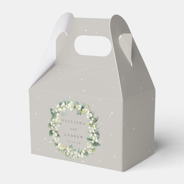 Greige Snowberry+Eucalyptus Wreath Wedding Favor Box (Front Side)