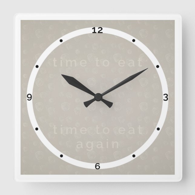 Greige wall clock for kitchen -- Time to eat again (Front)
