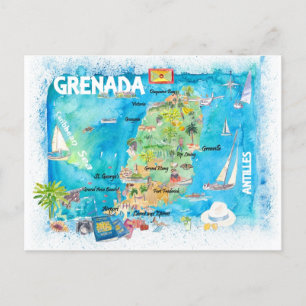 Grenada Antilles Illustrated Caribbean Travel Map Postcard