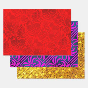 Grenoble Red,, Nouveau and Gold Shimmer  Sampler Wrapping Paper Sheet