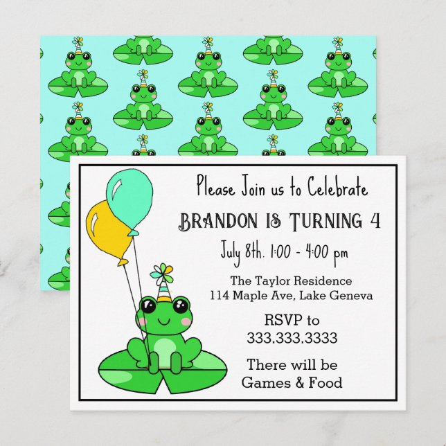 Grenouille à thème Invitations d'anniversaire (Devant / Derrière)