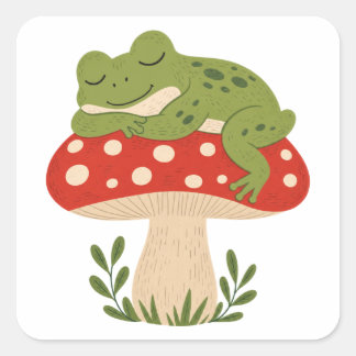 Grenouille rêveuse sur champignon rouge square sticker