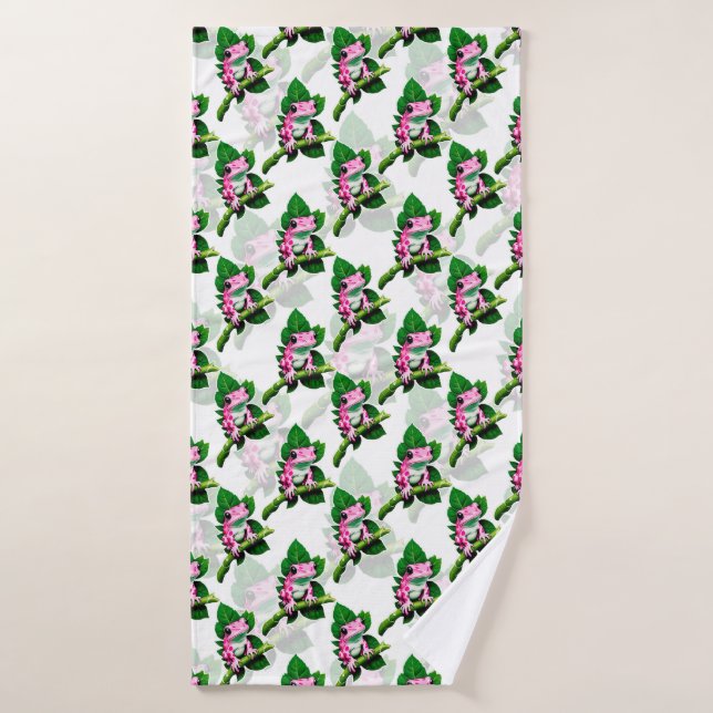 Grenouille Rose Sur La Feuille Verte Motif Design (Serviette de bain)