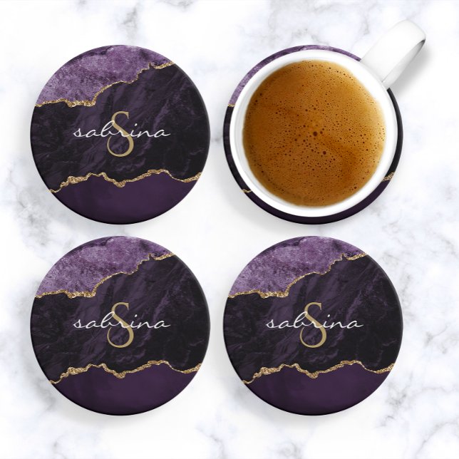 Grès Dessous de verre en agate géode monogramme violet  (Créateur téléchargé)