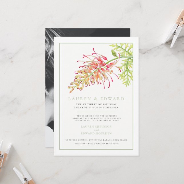 Grevillea botanical watercolor wedding green photo invitation (Front/Back In Situ)