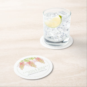 Grevillea flowers watercolor wedding green white round paper coaster