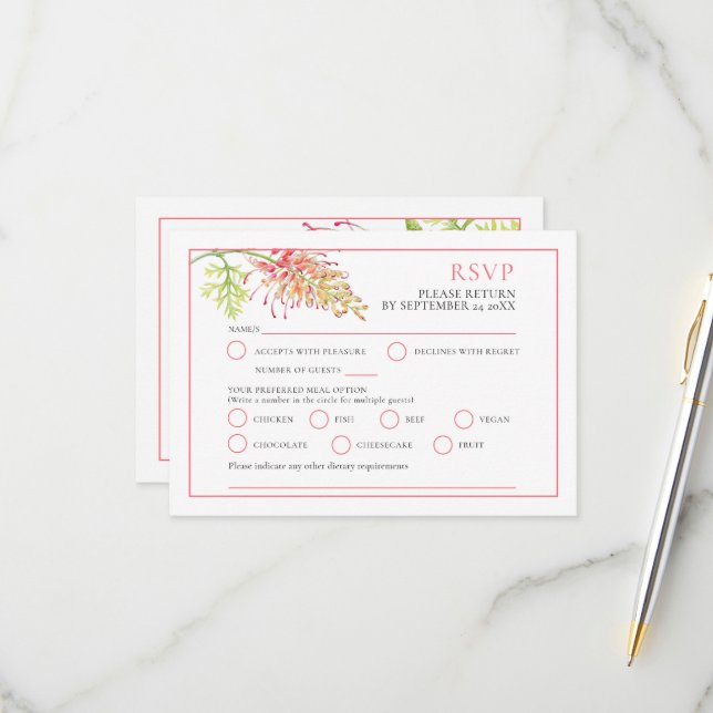 Grevillea watercolor floral wedding options RSVP Card (Front/Back In Situ)