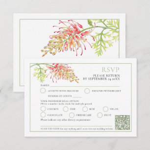Grevillea watercolor green white coral wedding QR RSVP Card