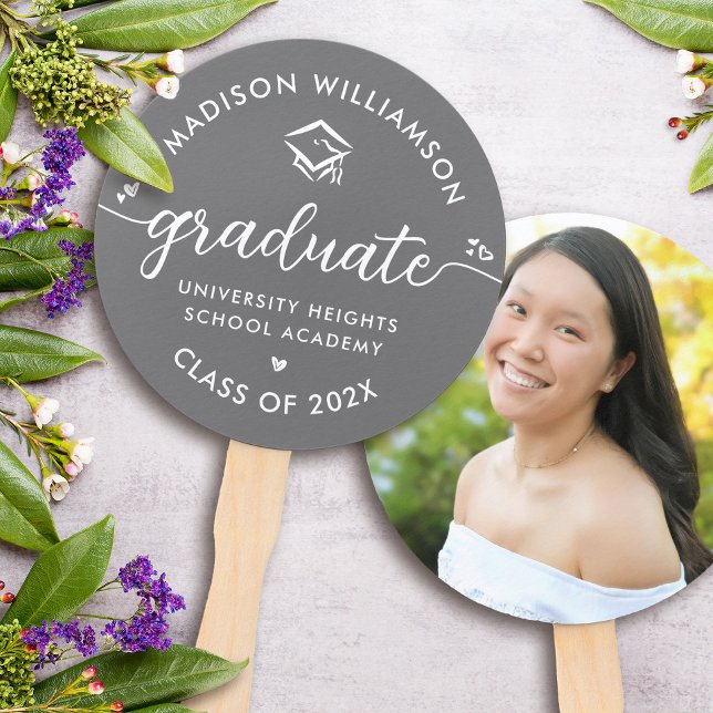 Grey 1 Photo Graduation Modern Script Hearts Cap  Hand Fan (Creator Uploaded)