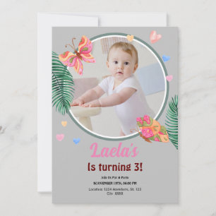 Grey 1st Birthday Butterfly Invitation with Photo