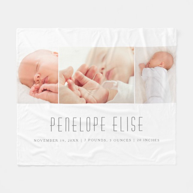 Grey 3 Photo Collage Baby Birth Details  Fleece Blanket (Front (Horizontal))