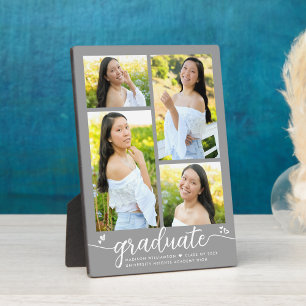 Grey 4 Photo Graduation Modern Calligraphy Hearts Plaque