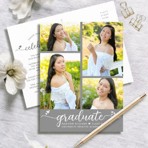 Grey 4 Photo Graduation Modern Girly Script Hearts Invitation Postcard