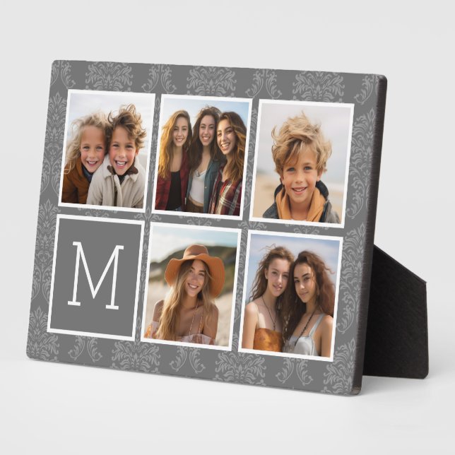 Grey 5 Photo Collage with Text Monogram Plaque (Side)