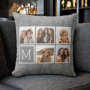 Grey 5 Photo Collage with Text Monogram Throw Pillow