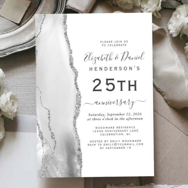 Grey Agate Silver 25th Anniversary Invitation (Creator Uploaded)