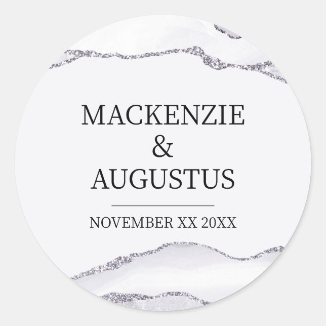 Grey Agate Silver Glitter Bride and Groom Wedding Classic Round Sticker (Front)