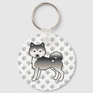 Grey Alaskan Malamute Cute Cartoon Dog & Paws Keychain
