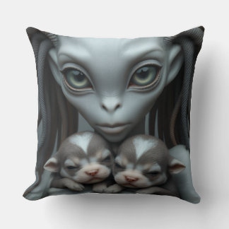 Grey Alien Holding Puppies Throw Pillow
