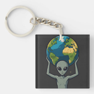Grey Alien Lifting the Earth 🌍👽 Keychain
