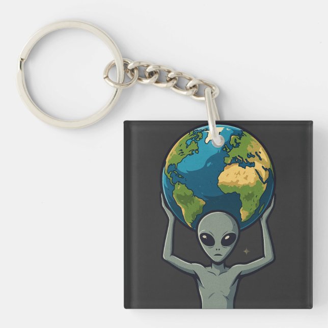 Grey Alien Lifting the Earth 🌍👽 Keychain (Front)