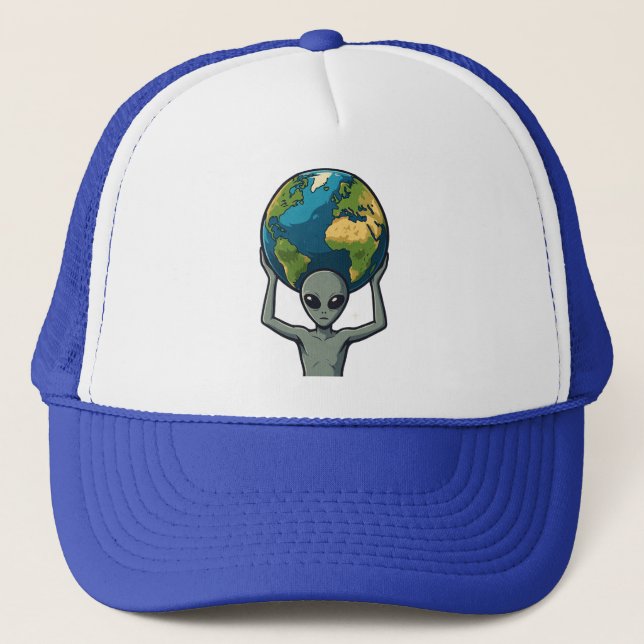 Grey Alien Lifting the Earth 🌍👽 Trucker Hat (Front)