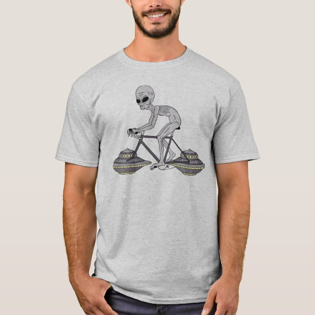 Grey Alien Riding Bike With UFO Wheels T-Shirt (Front)