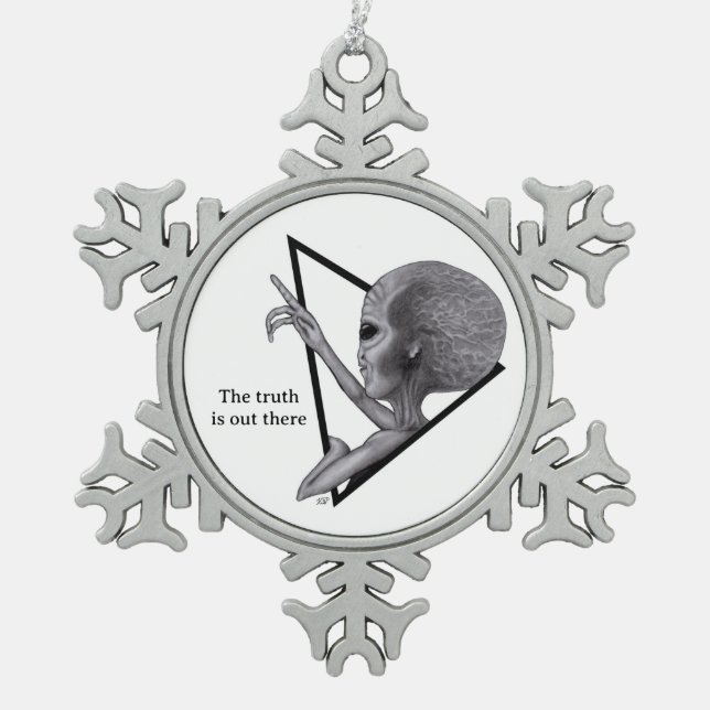 Grey Alien, the truth is out there Snowflake Pewter Christmas Ornament (Front)