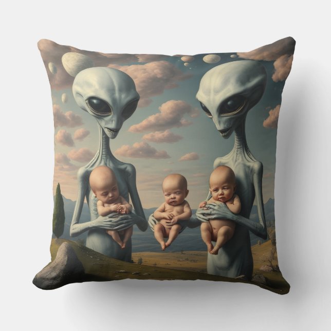 Grey Aliens Cradling Human Babies Throw Pillow (Front)