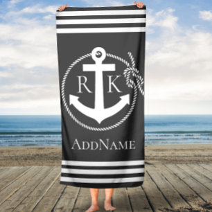 Grey Anchor Stripes Anchors Custom Bath Towel