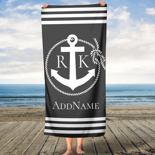 Grey Anchor Stripes Anchors Custom Bath Towel (Creator Uploaded)