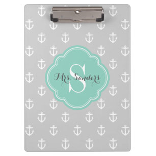 Grey and Aqua Anchors Custom Monogram Clipboard
