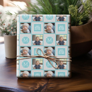 Grey and Aqua Blue Chevrons - Photo and Monogram Wrapping Paper