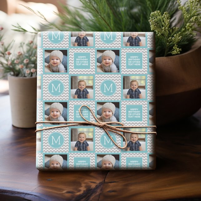 Grey and Aqua Blue Chevrons - Photo and Monogram Wrapping Paper (Personalized Photo Wrapping Paper)